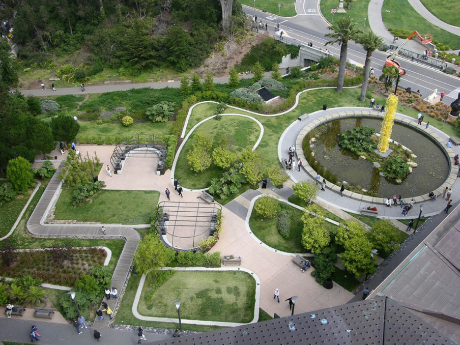 An aerial view of the plaza at the De Young Fine Arts Museum of San Francisco. A representation of the possibilities of landscape architecture. 