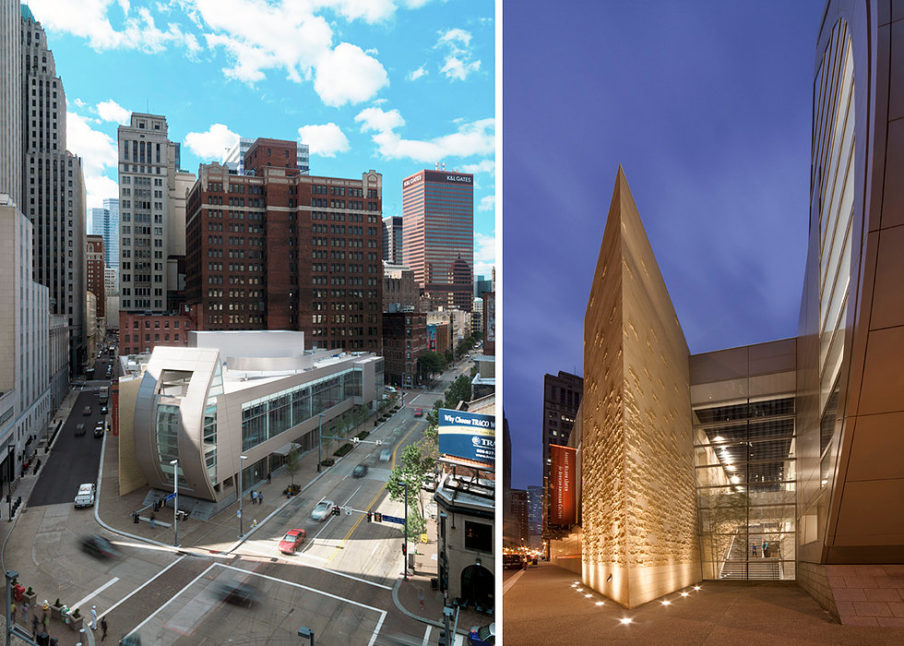 A comparative view: on the left an aerial shot from above, showing how the building merges with the urban grid and on the right an eye-level view of the center where materiality and form create a dynamic composition of stone, glass and metal. 
