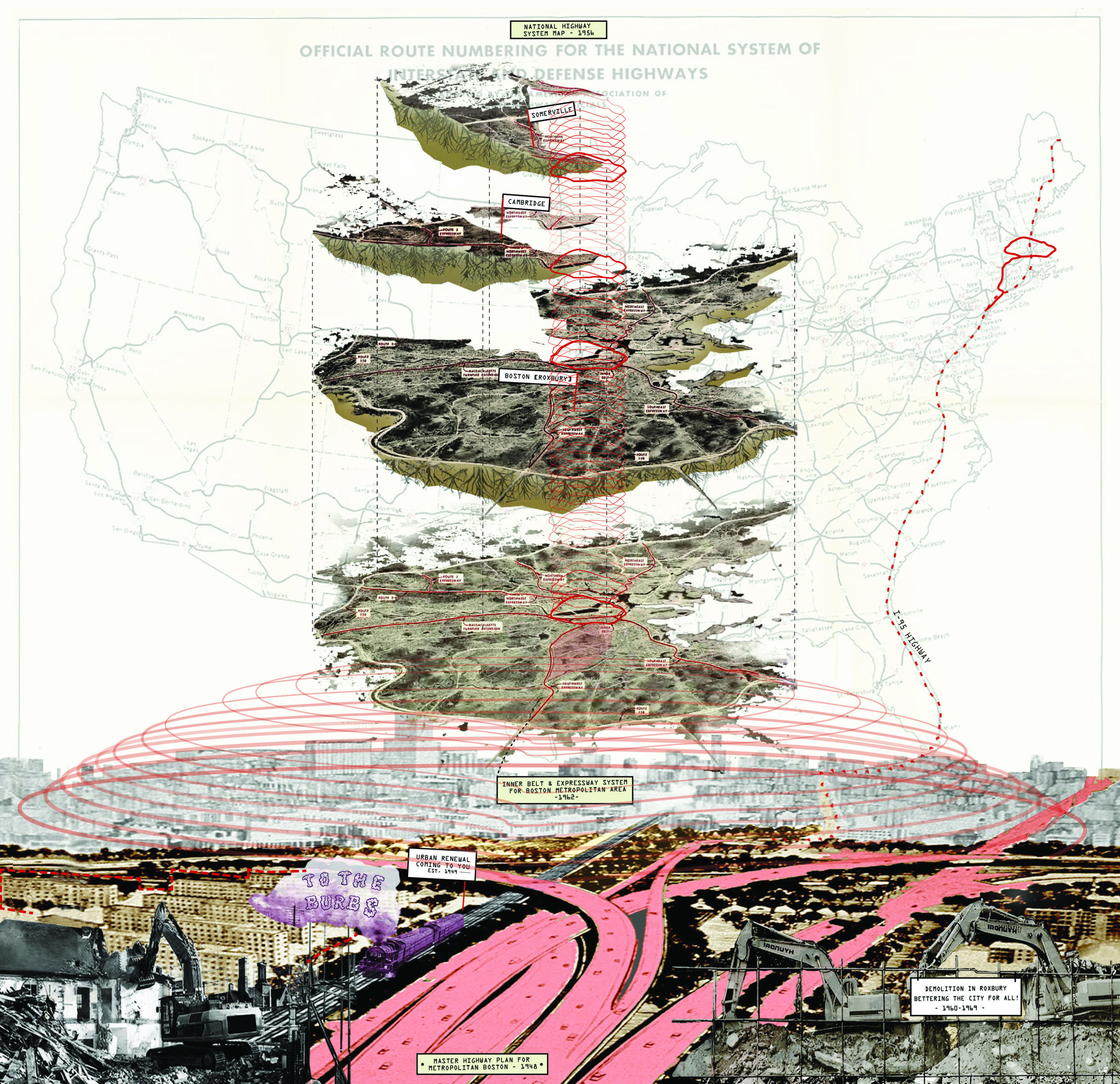 A collage analyzing highway networks in Boston and along the east coast of the United States