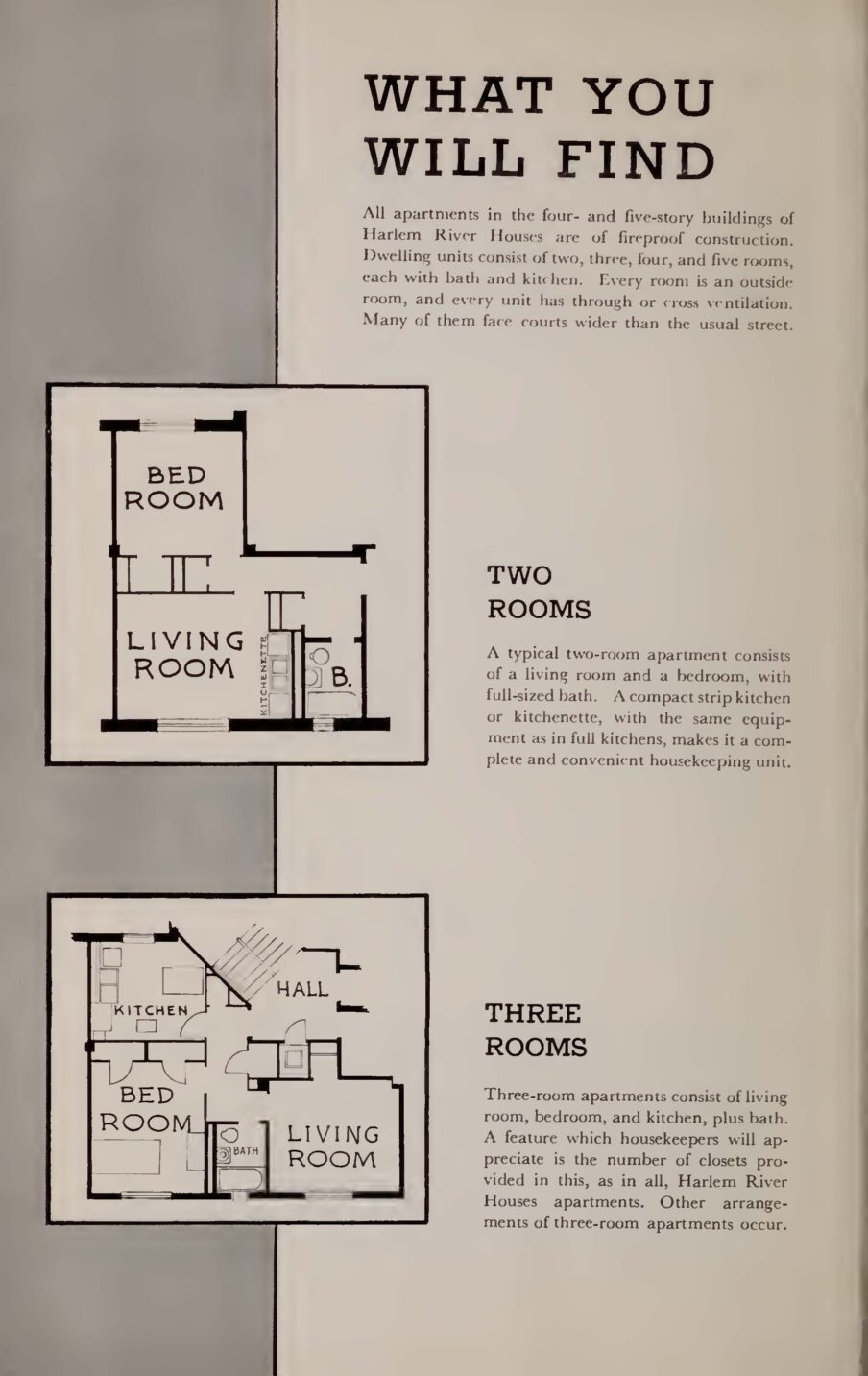 Pages from a government brochure describing the background conditions and built aspects of the new public housing development